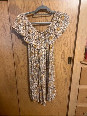 Patrons of Peace Cream Floral Off-Shoulder Dress with Mustard Accents